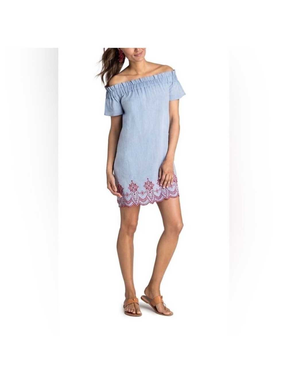 Vineyard Vines Light Blue Off-Shoulder Dress with Red
Embroidered Hem